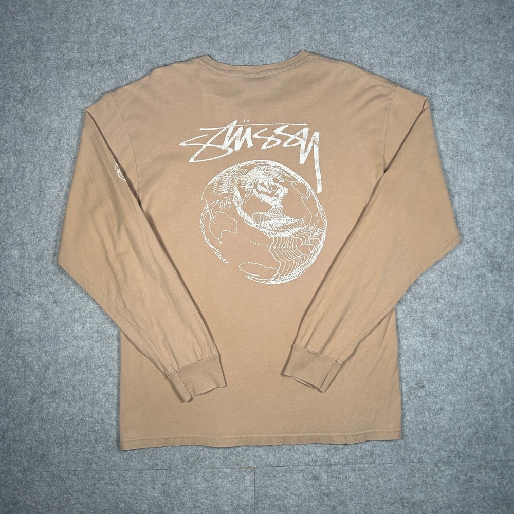 Stussy Long Sleeve Shirt Mens Large Tan Earth Globe Graphic Streetwear RARE
